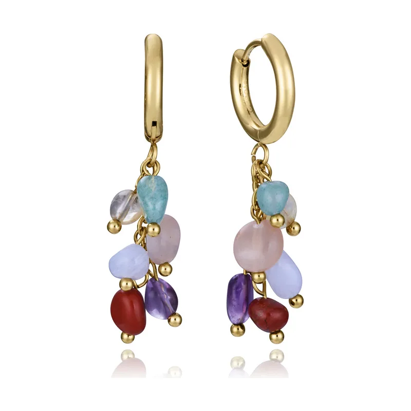 Pendientes de acero Ip dorado con cadena y piedras naturales 14276E01019