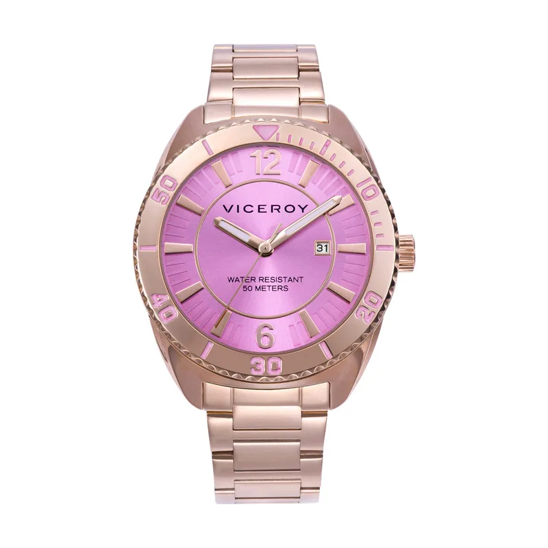 Reloj caja de acero IP rosa 5 ATM, brazalete de acero IP rosa, movimiento cuarzo 401290-75