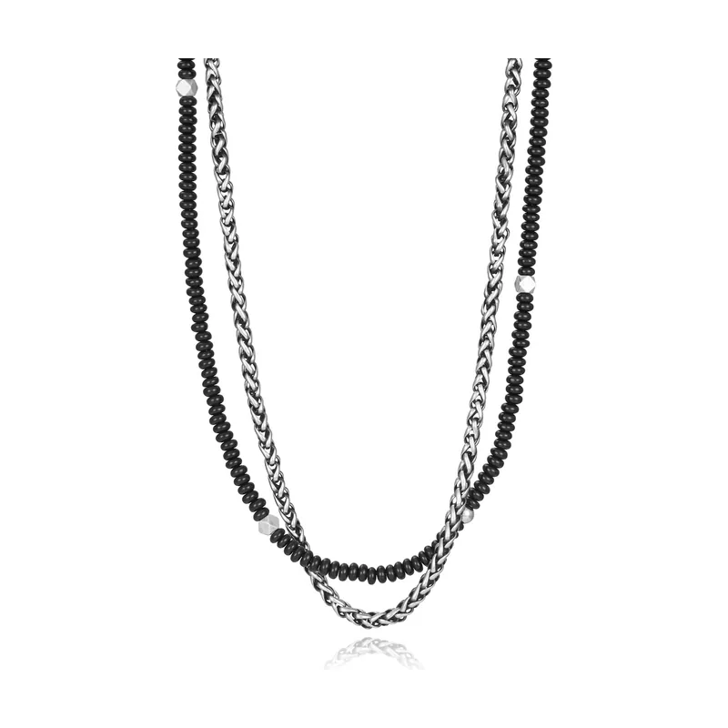 Collar doble de acero y piedras naturales de agata negra con Ip gris 14141C01010