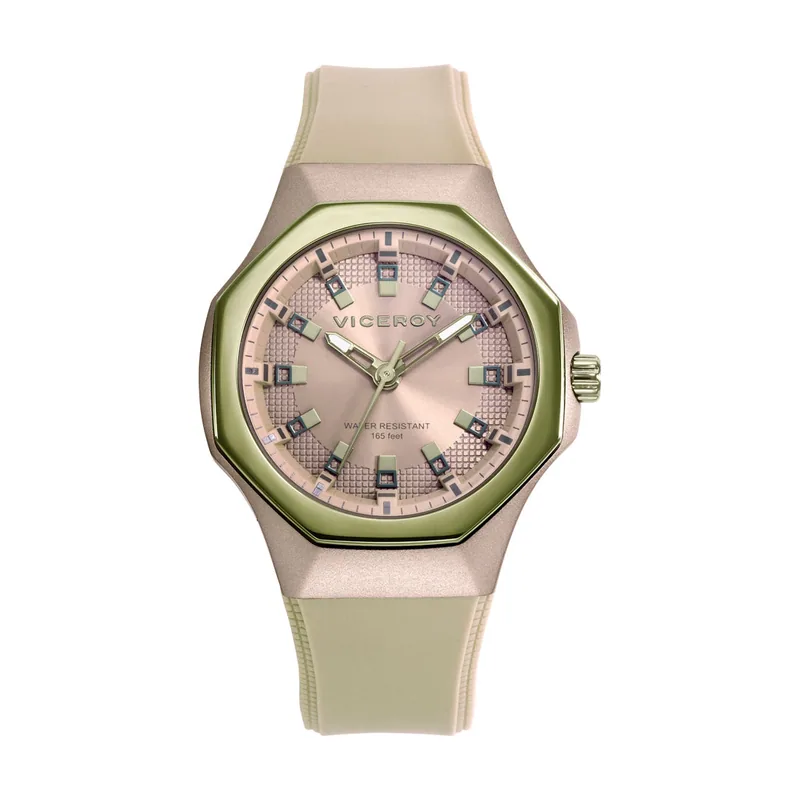Reloj caja de aluminio beige con bisel de acero IP verde, 5 ATM, correa de silicona beige, movimiento de cuarzo 401232-47
