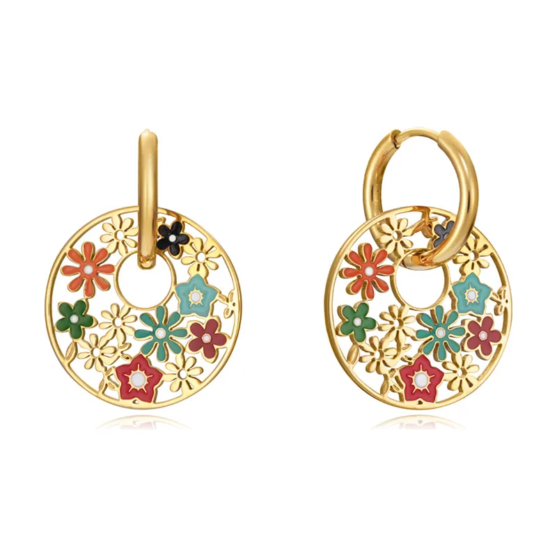Pendientes Kiss de acero dorado con motivo de flores de colores 75290E09019