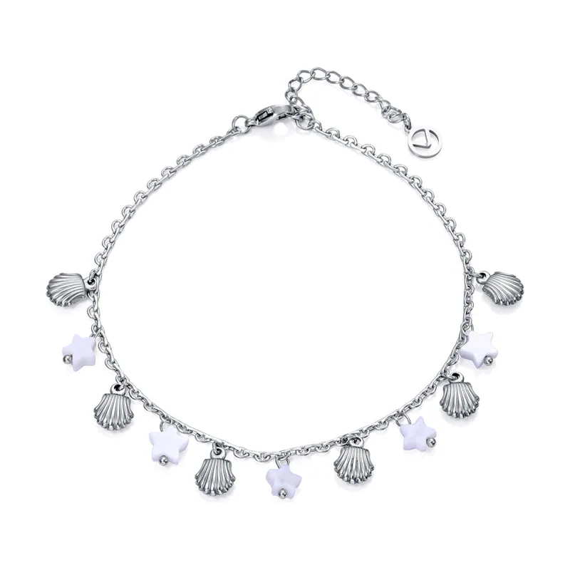 Tobillera de acero con colgantes de estrellas y motivos de conchas de acero 14171T01000