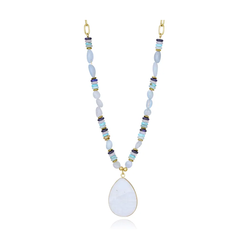 Collar de acero Ip dorado con piedras naturales y colgante con piedra natural 14162C01013