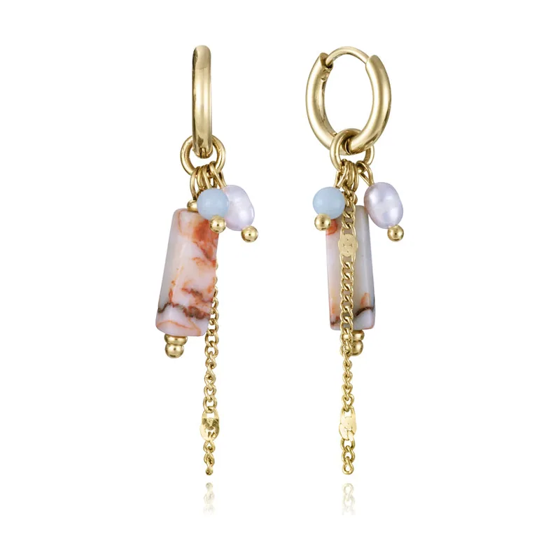 Pendientes de acero dorado con aro con piedras naturales de colores y perla cultivada 14158E01017