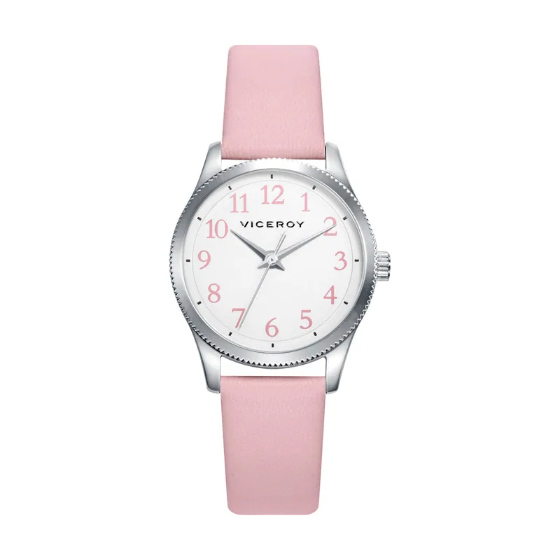 Reloj de correa de piel rosa con esfera blanca y números romanos en rosa. Pulsera de cordón rosa de nailon con motivo árbol de la vida de plata ley de 41132-04