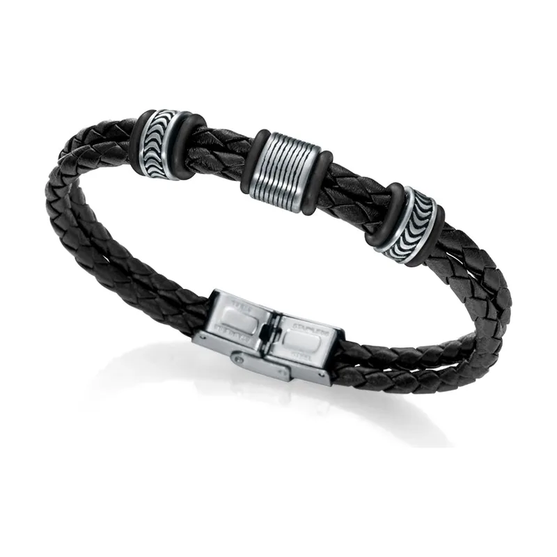 Pulsera Beat de acero y piel color 6463P01010