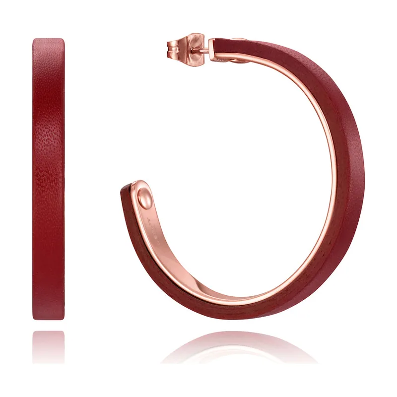 Pendientes tipo criollas Chic de acero IP rosa y piel burdeos en el exterior 15024E01017