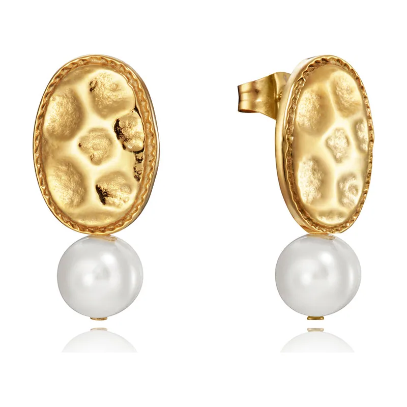 Pendientes Chic de acero IP dorado con disco ovalado martilleado 15028E01012