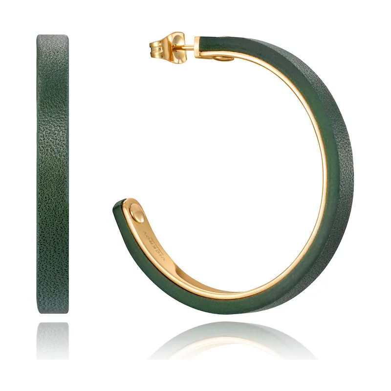 Pendientes tipo criollas Chic de acero IP dorado y piel verde en el exterior 15024E01012