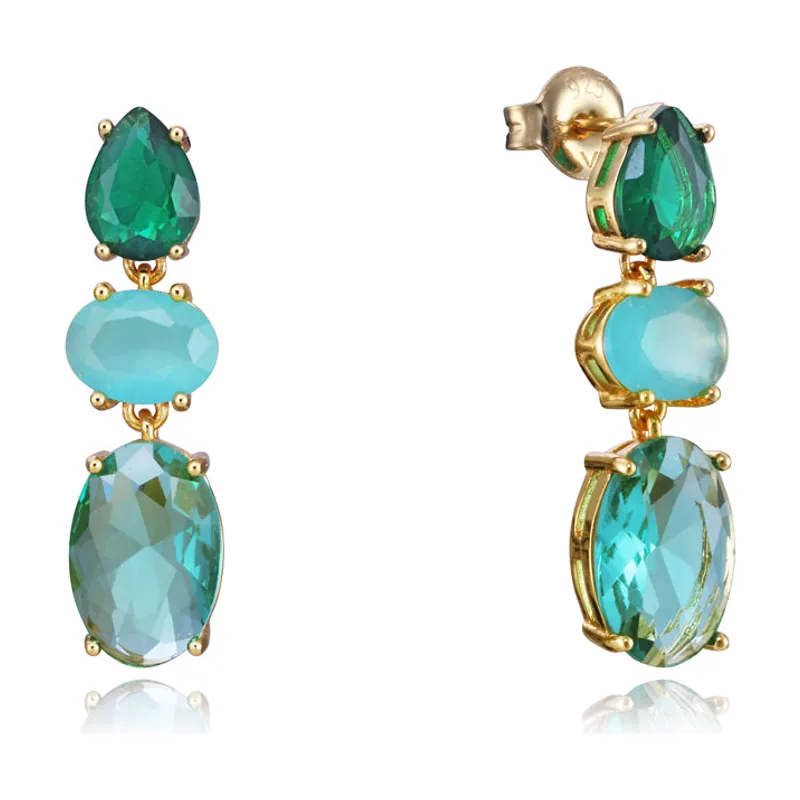 Pendientes Elegant de plata de ley con baño de oro y cristales en verde y azul 13168E100-59