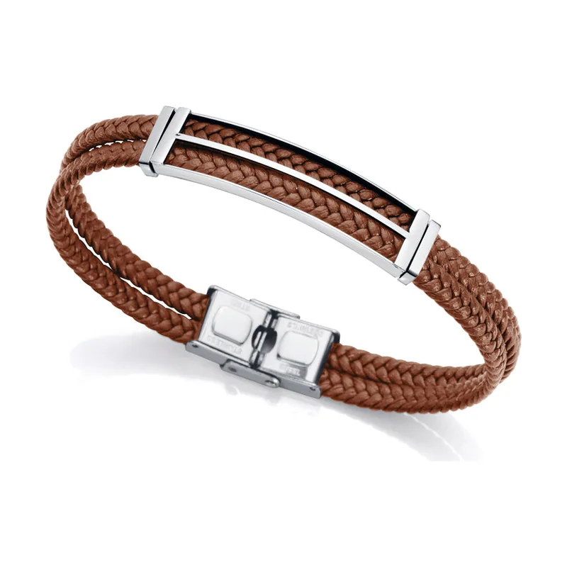 Pulsera Magnum de acero con placa calada y piel 75297P01019