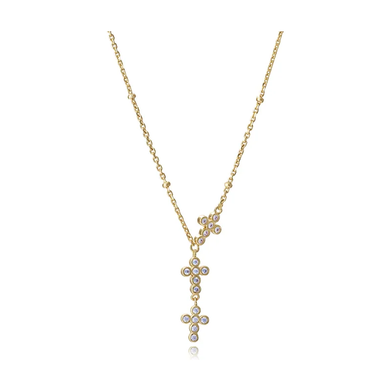Collar plata de primera ley con baño de oro con tres cruces con circonitas 15126C100-30
