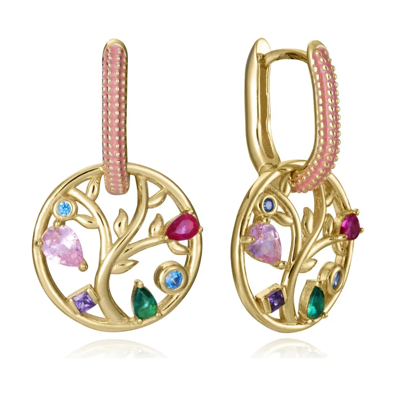 Pendientes de plata de primera ley con baño de oro y aro con arbol de la vida 15125E100-39