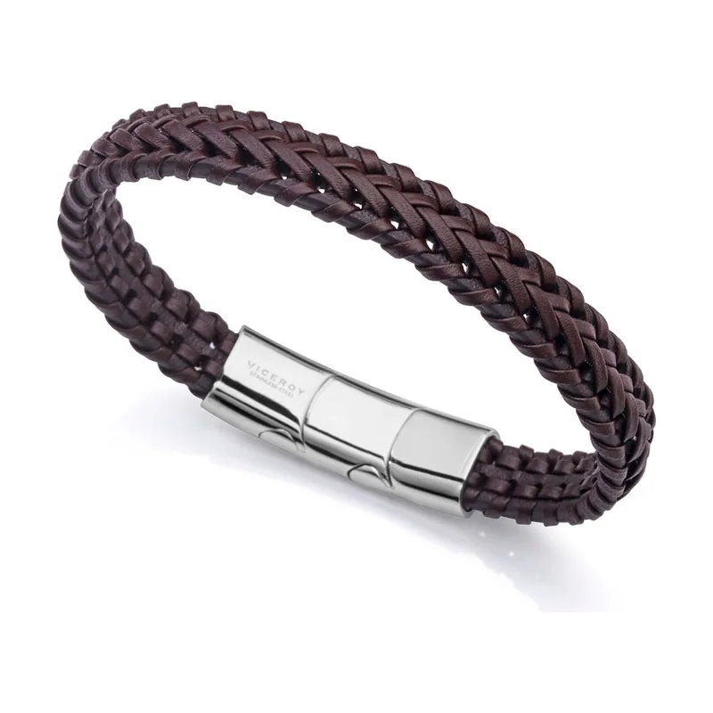 Pulsera Magnum de acero en piel marrón trenzada con cierre y extensión 14070P09011