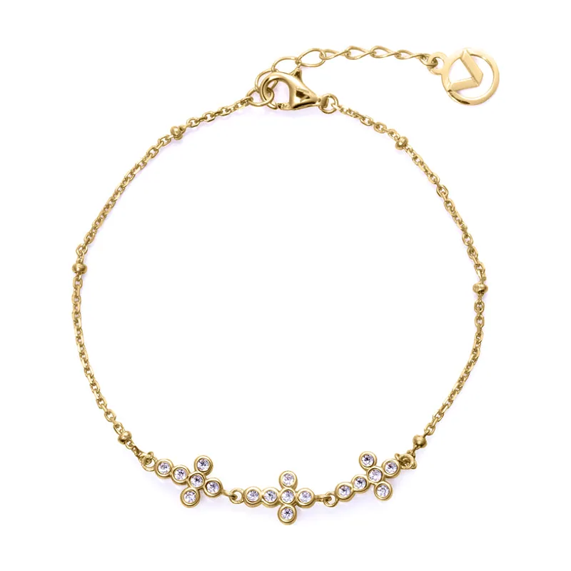 Pulsera plata de primera ley con baño de oro, con tres cruces con circonitas 15126P100-30