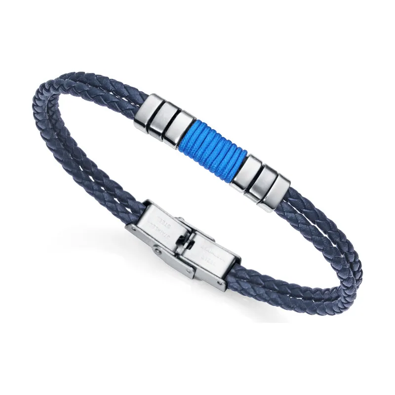 Pulsera Air de acero con cordon azul y cueros trenzados 6456P01019