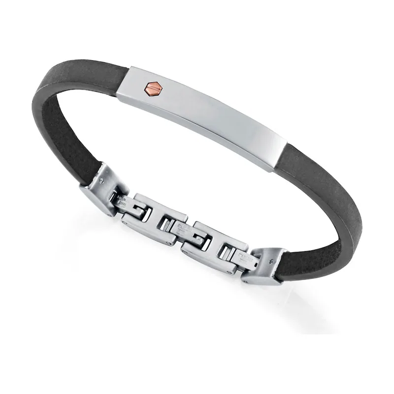 Pulsera de acero y piel negra con tornillo de oro rosa 9k 6487P01010