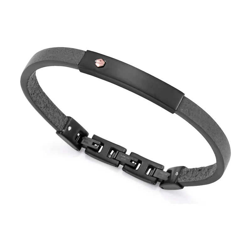 Pulsera de acero Ip negro y piel azul con placa y un tornillo de oro rosa 9k 6488P01013