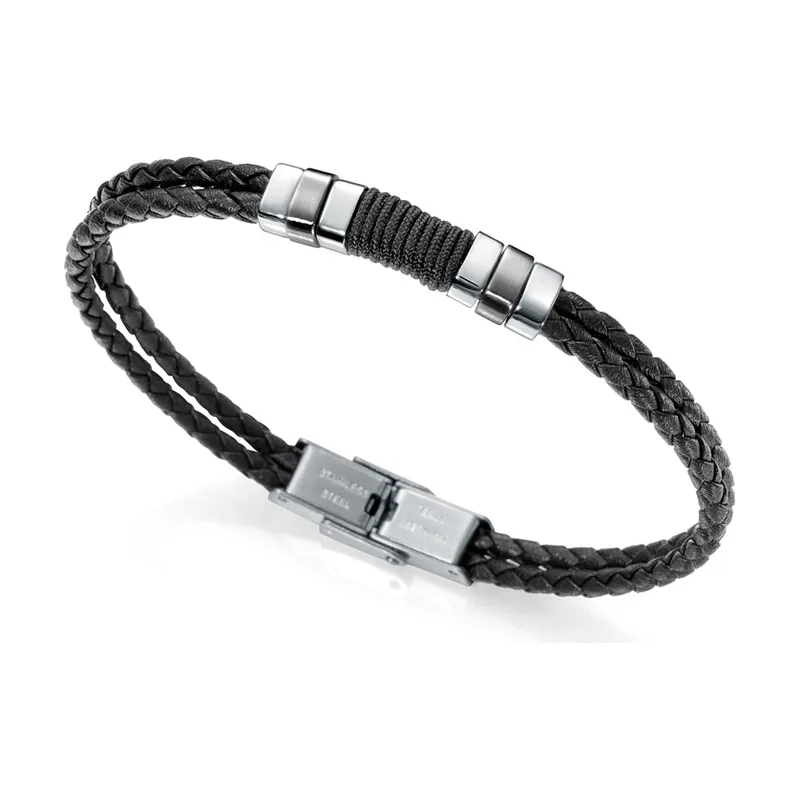 Pulsera Air de piel doble negra trenzada 6456P01010