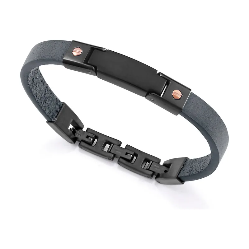 Pulsera de acero Ip negro y piel 6486P01013
