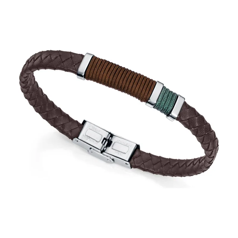 Pulsera Heat de acero con cuero marrón y verde 6453P01016