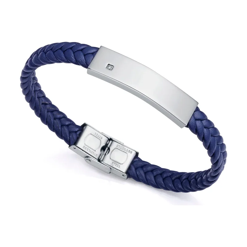 Pulsera Magnum de acero con diamante y piel trenzada en azul 6484P01013
