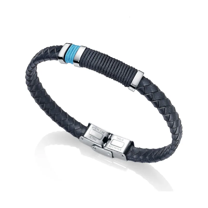 Pulsera Heat de piel trenzada azul y cordón 6453P01013