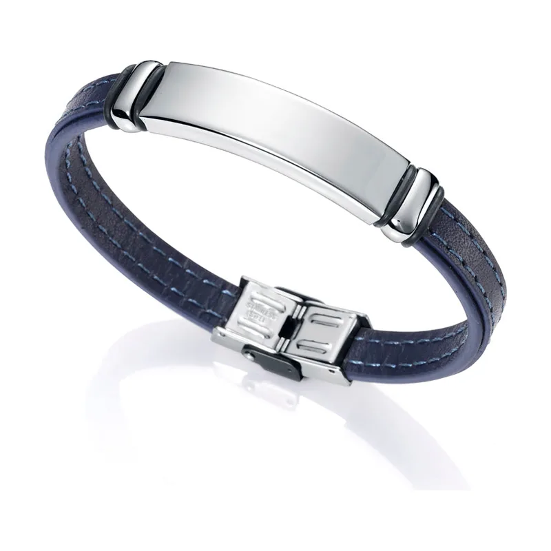 Pulsera Air de piel azul y placa central de acero 6371P09013