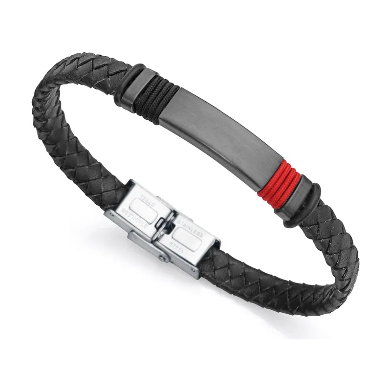 Pulsera Magnum de piel negra con motivo en acero Ip Gun y cordón 6480P01010