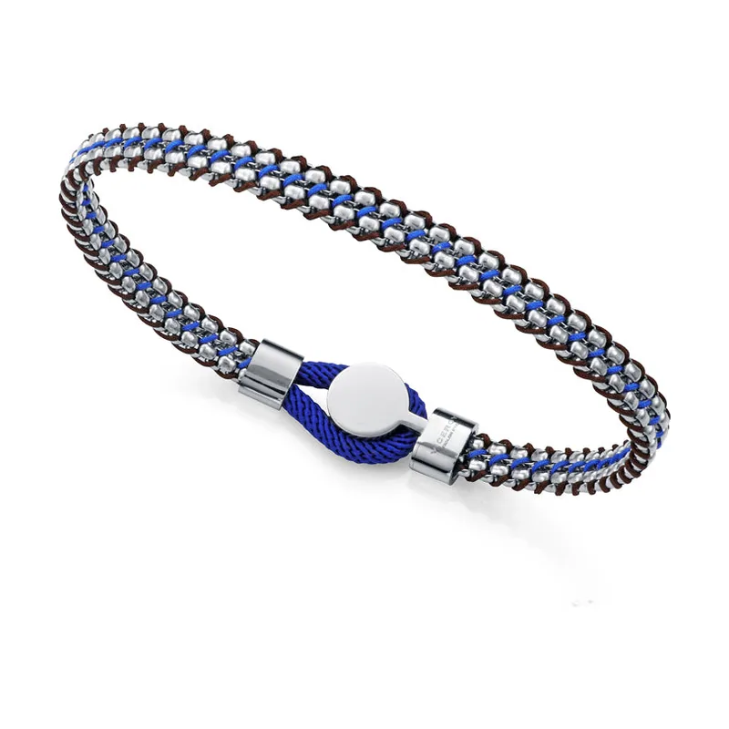 Pulsera en acero con cordón trenzado marrón y azul. Un diseño actual, elegante y fácil de combinar 14378P01011