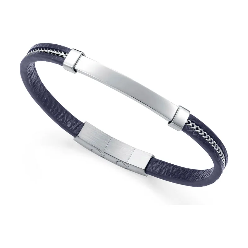 Pulsera en acero y piel azul con cadena y placa. Largo máximo 14375P01013