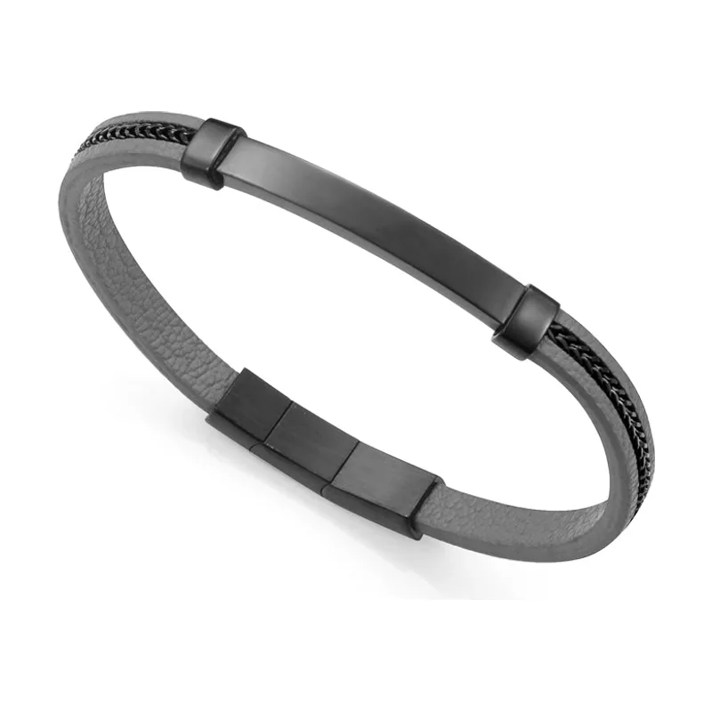Pulsera en acero Ip negro y piel gris oscura, con cadena y placa. Largo máximo 14375P01010
