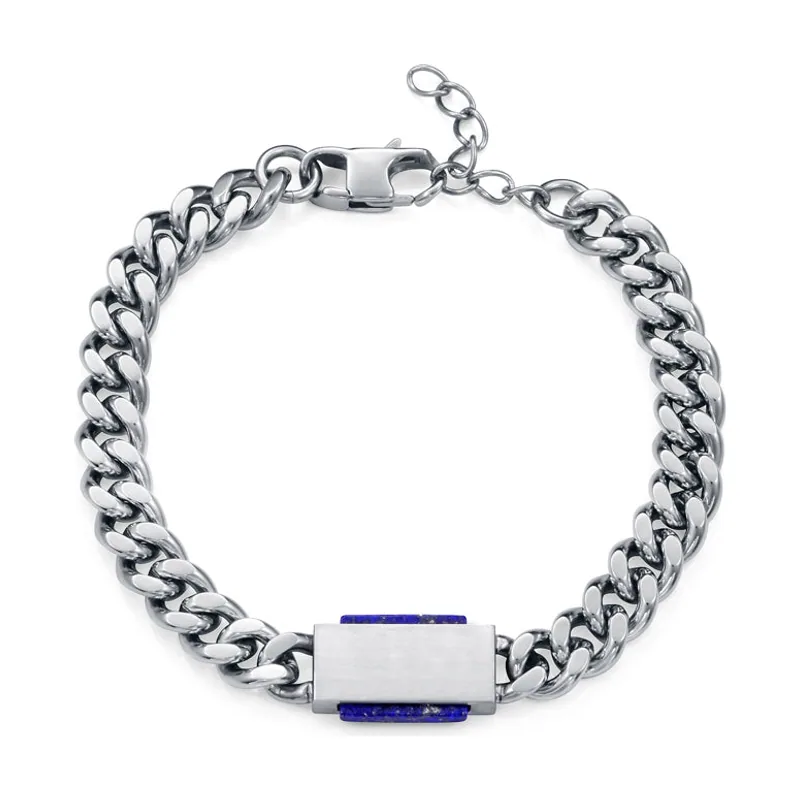 Pulsera en acero con cadena, placa y piedra lapis lazuli. Diseño elegante con extensión de 3 cm para un ajuste cómodo 14382P01013