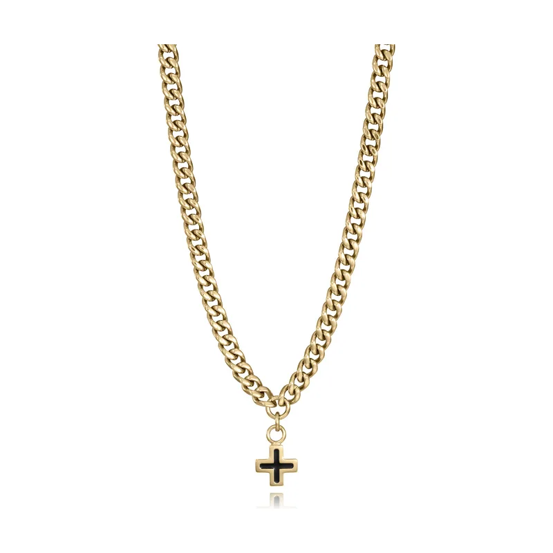 Collar en acero IP dorado y óxido con colgante de cruz. Largo 55 cm + 5 cm de extensión 14393C01012