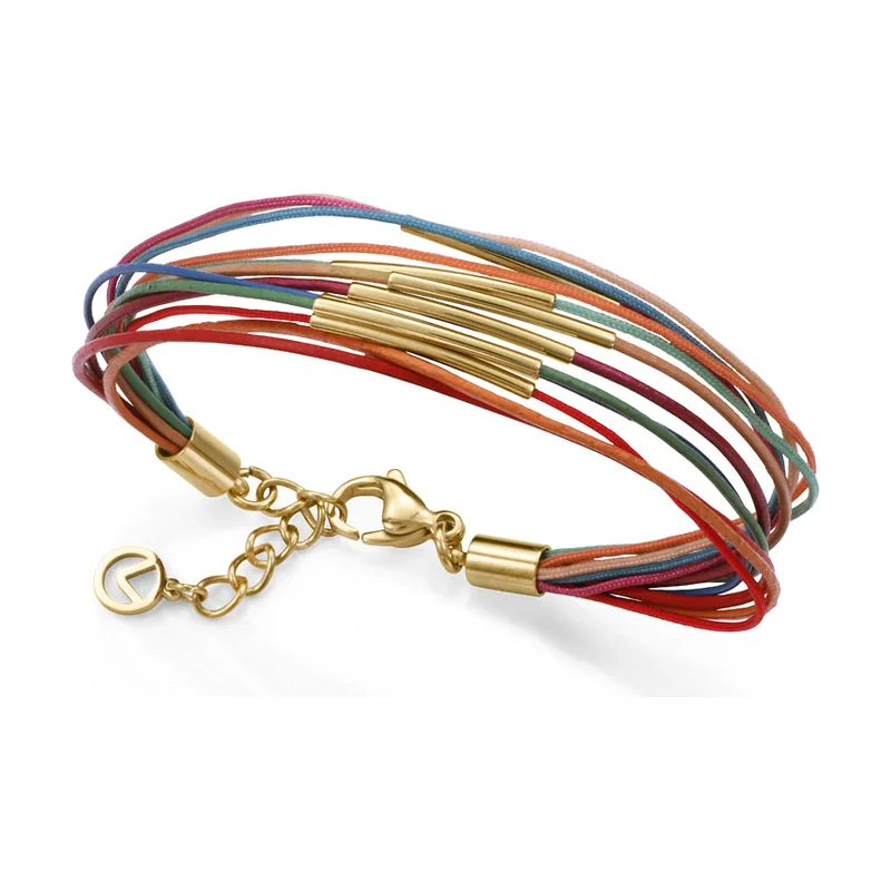 Pulsera en acero IP dorado, con piel y cordón multicolor. Diseño múltiple y ajuste cómodo con extensión de 2 cm 14363P01019