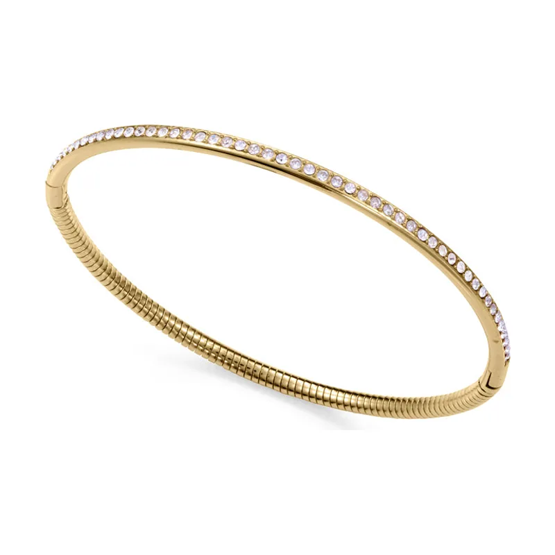 Pulsera rígida en acero IP dorado con diseño tubogas y circonitas blancas. Diámetro máximo 15206P01012