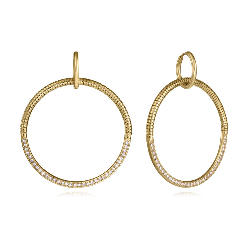 Pendientes de acero IP dorado con aro tubogas y circonitas blancas. Largo 15206E01012