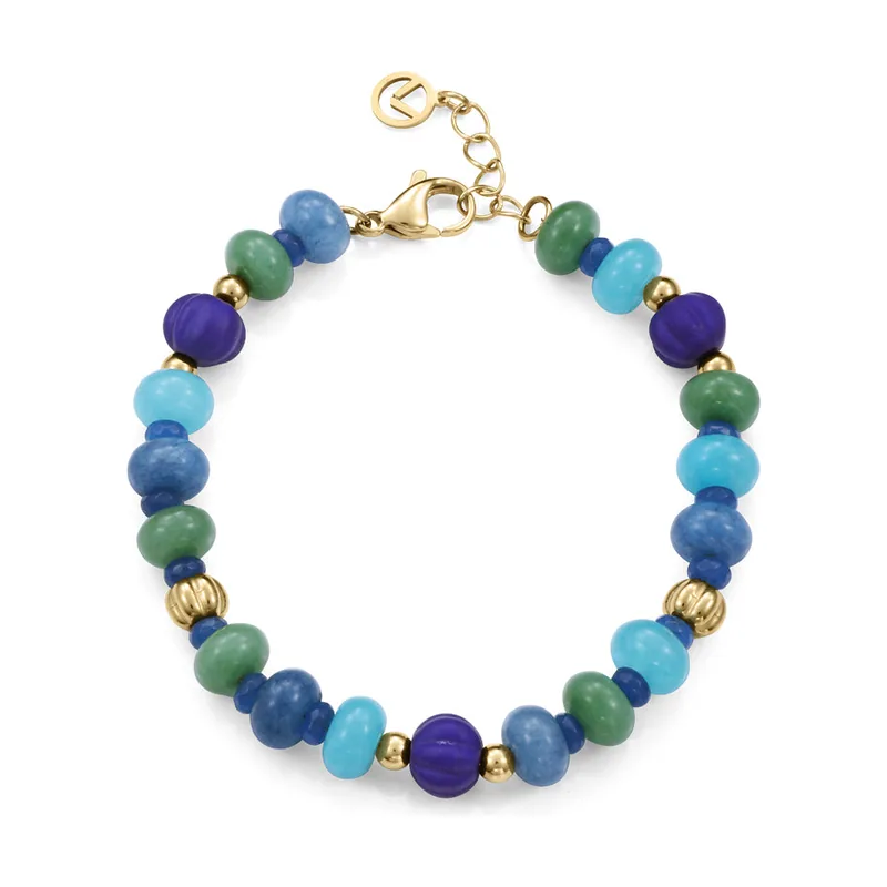 Pulsera en acero IP dorado con piedras y cristal azules y verdes. Largo 18 + 2 cm 14355P01019