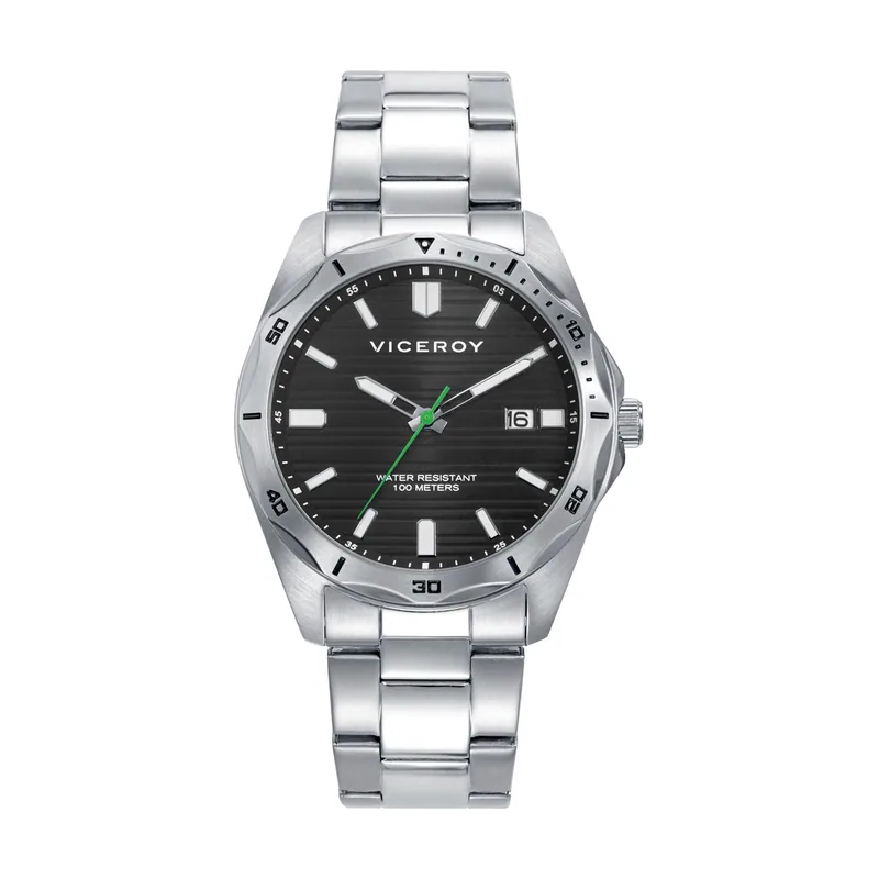 Reloj de hombre en acero, con esfera negra, calendario y resistencia al agua de 10 ATM 401479-57