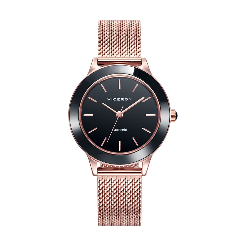 Reloj de mujer Cerámica de acero en negro con IP rosa 471182-57