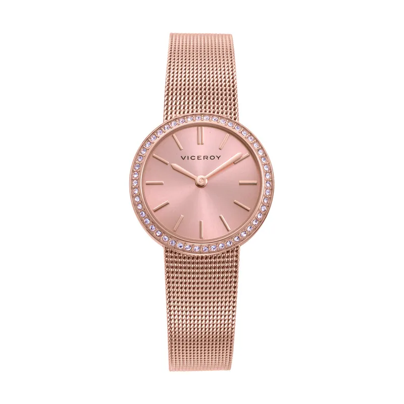 Reloj de mujer en acero IP rosa, con malla milanesa, esfera salmón y bisel de circonitas 401346-77