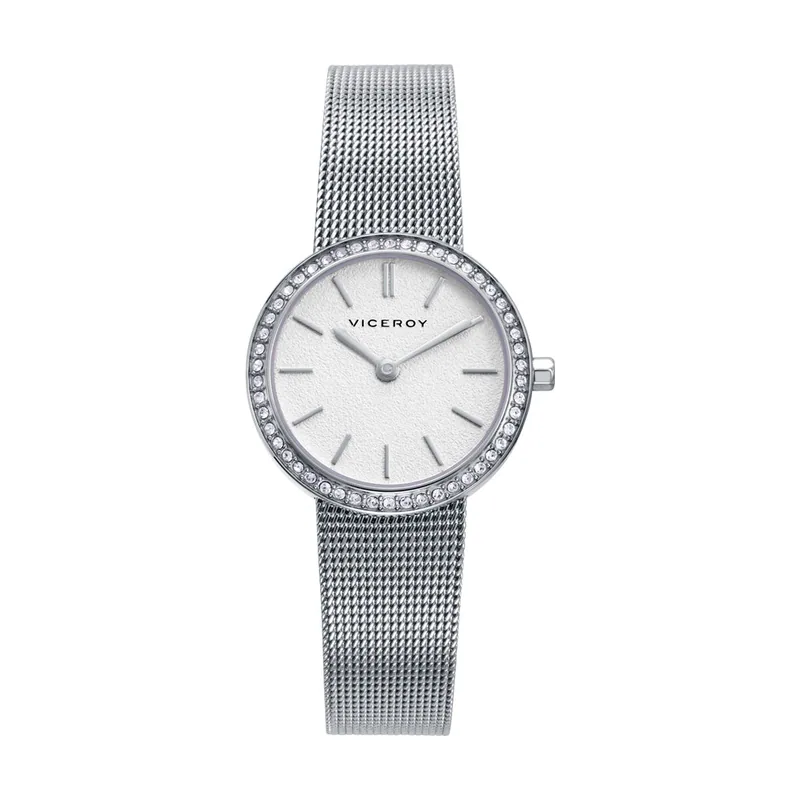 Reloj de mujer con caja de acero, bisel de circonitas y malla milanesa 401346-37
