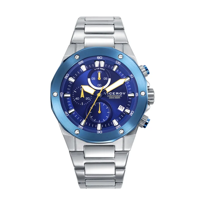 Reloj caja bitono de acero con bisel IP azul 20 ATM, brazalete de acero, movimiento cuarzo 46853-37