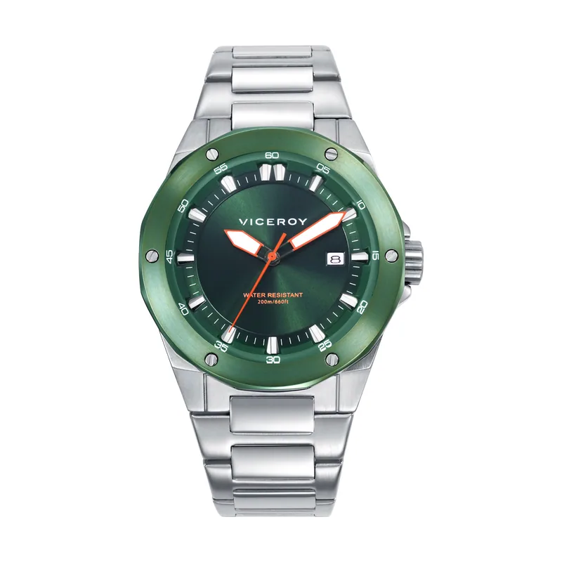 Reloj caja bitono de acero con bisel IP verde 20 ATM, brazalete de acero, movimiento cuarzo 46851-67