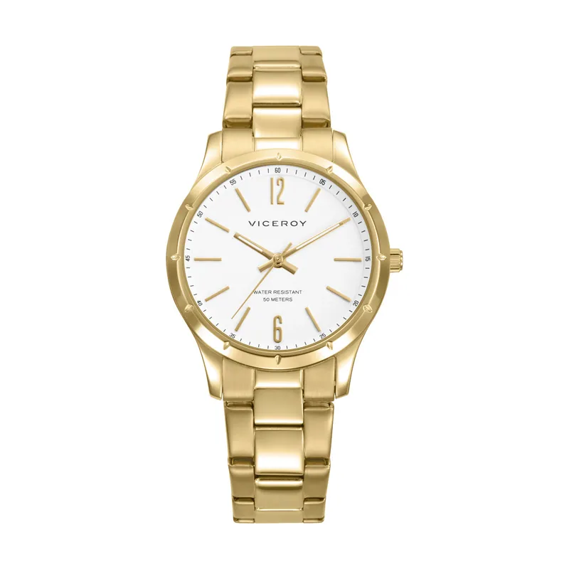 Reloj de mujer en acero IP dorado, con esfera blanca y brazalete metálico. Elegancia luminosa para el día a día 401342-05