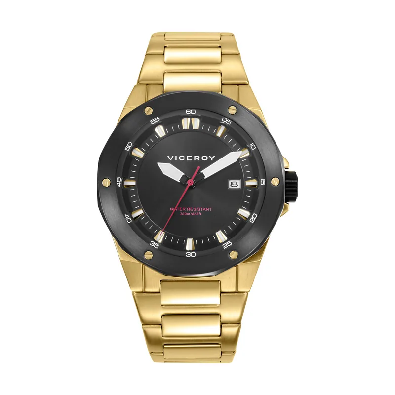 Reloj caja bitono de acero IP dorado con bisel IP negro 20 ATM, brazalete de acero IP dorado, movimiento cuarzo 46851-57