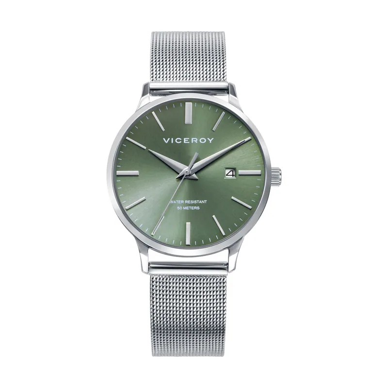 Reloj de mujer con caja de acero, esfera verde y malla milanesa. Elegancia actual con calendario e impermeabilidad 5 ATM 401344-67