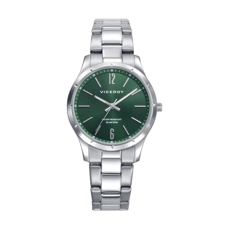 Reloj de mujer con esfera verde, caja y brazalete de acero, cristal mineral y resistencia al agua 5 ATM 401342-65