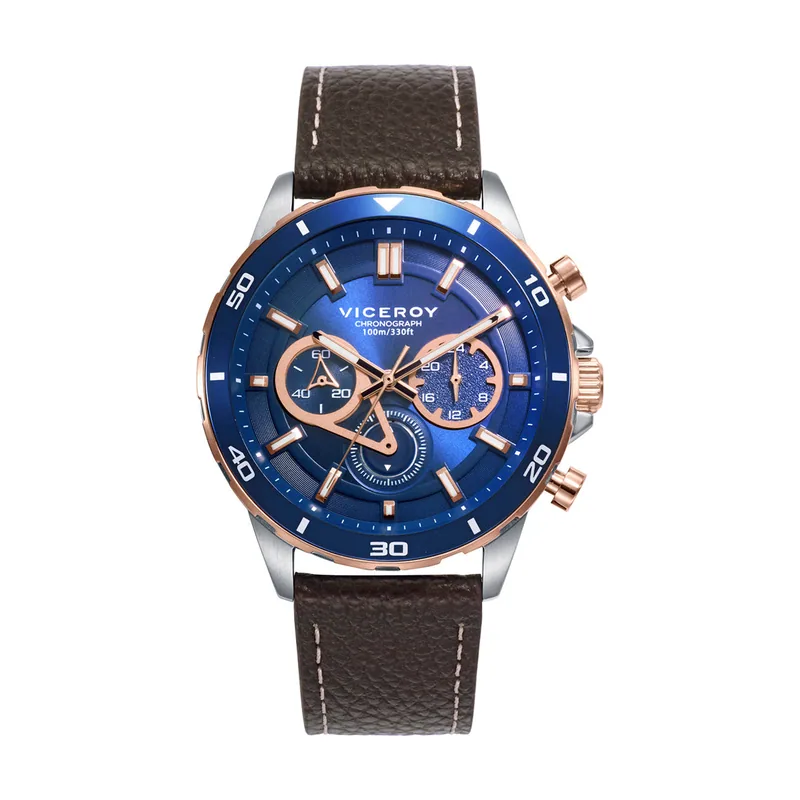 Reloj caja bicolor de acero e IP rosa con bisel de aluminio azul 10 ATM y correa de piel marron con movimiento cuarzo 46845-37