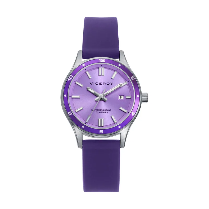 Reloj de mujer con caja de acero, correa de silicona morada y esfera a juego. Resistente al agua 10 ATM y con calendario 401338-97